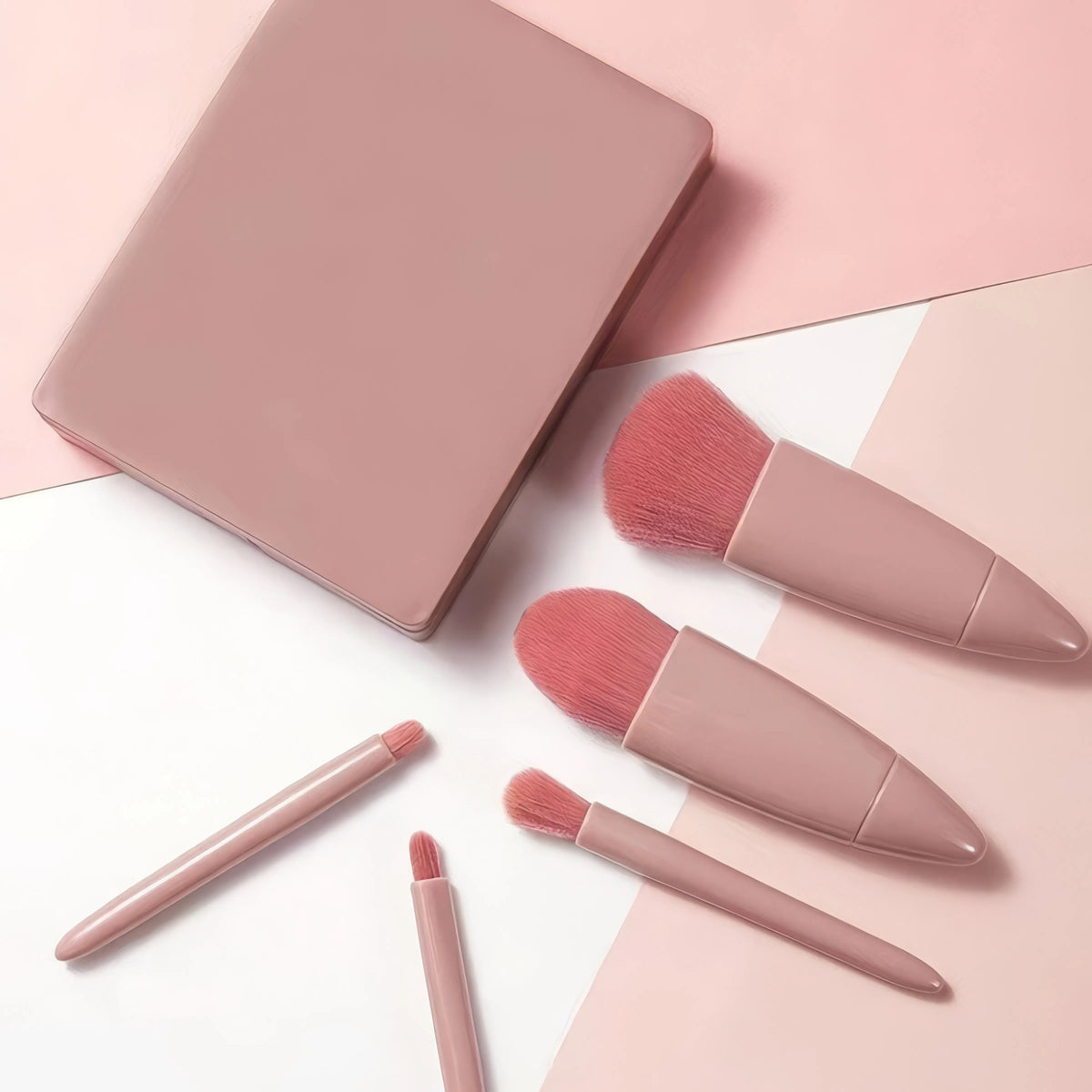 1 Set Chic Pink Makeup Brush Set - Mirror Compact, 5pcs Soft Bristles Versatile for Blush Eye Foundation