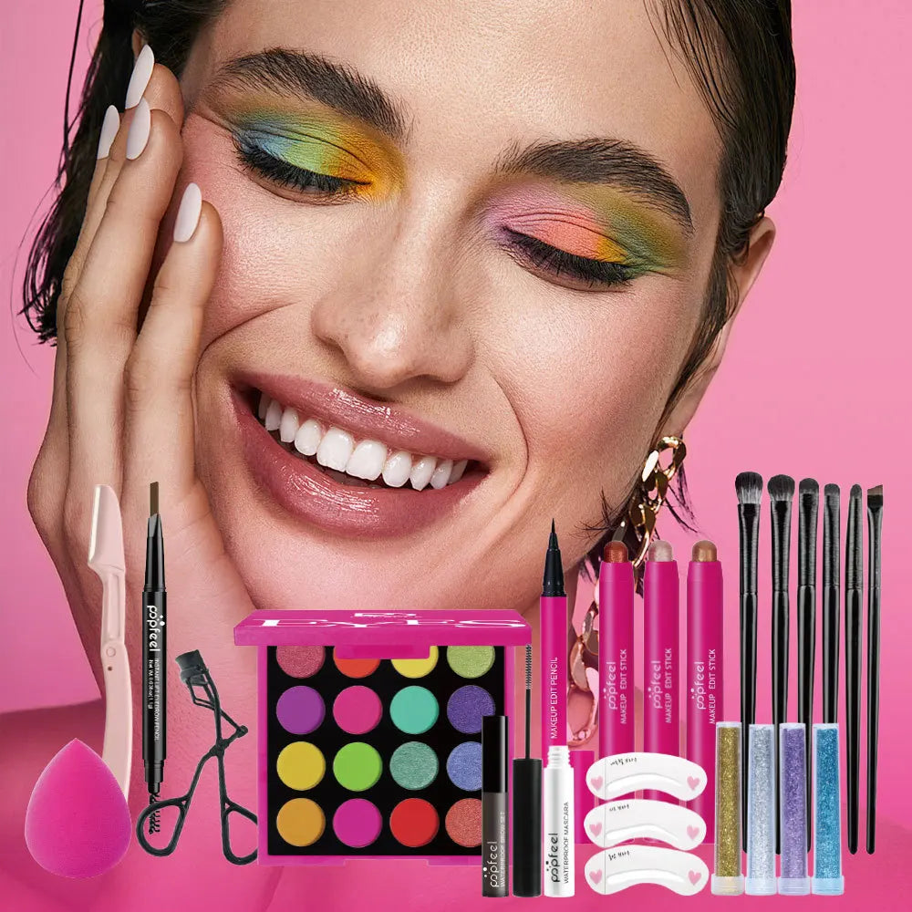 Makeup Gift Set for Women Full Kit All in One Make Up Eyebrow Powder Lipstick Lip Gloss Brush Shimmer Glitter Eye Shadow Palette